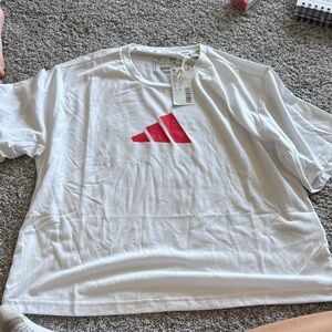 adidas White Tee with Pink-Red Logo